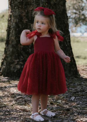 Crimson Cotton Sparkle Tulle Flower Girl Dress Christmas Dress
